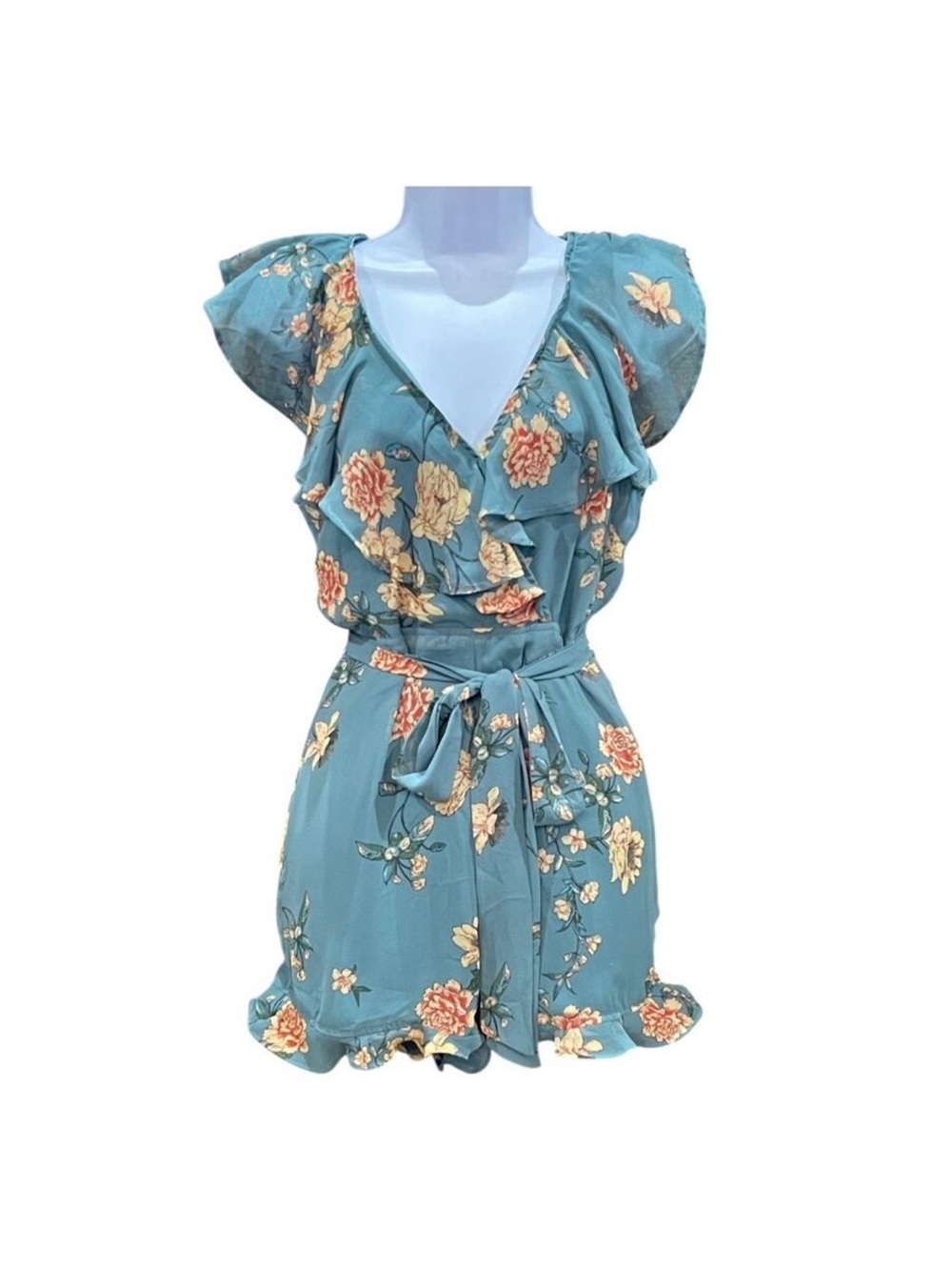 Forever 21 Teal Floral Romper Jumpsuit Women’s Size Small